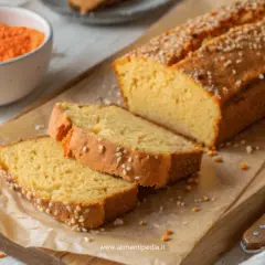 Fetta di pane di lenticchie dorato, cosparso di semi, su carta da forno. Vicino una ciotola con lenticchie rosse.