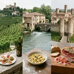 Un viaggio tra borghi, vigneti e montagne del Veneto, con assaggi di cibi tipici: tortellini, affettati, bruschette e ravioli.