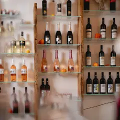 Scaffali di vetro con bottiglie di vino, tra cui spiccano bottiglie di Chiaretto del Garda dal colore rosato, accanto a zucche decorative.
