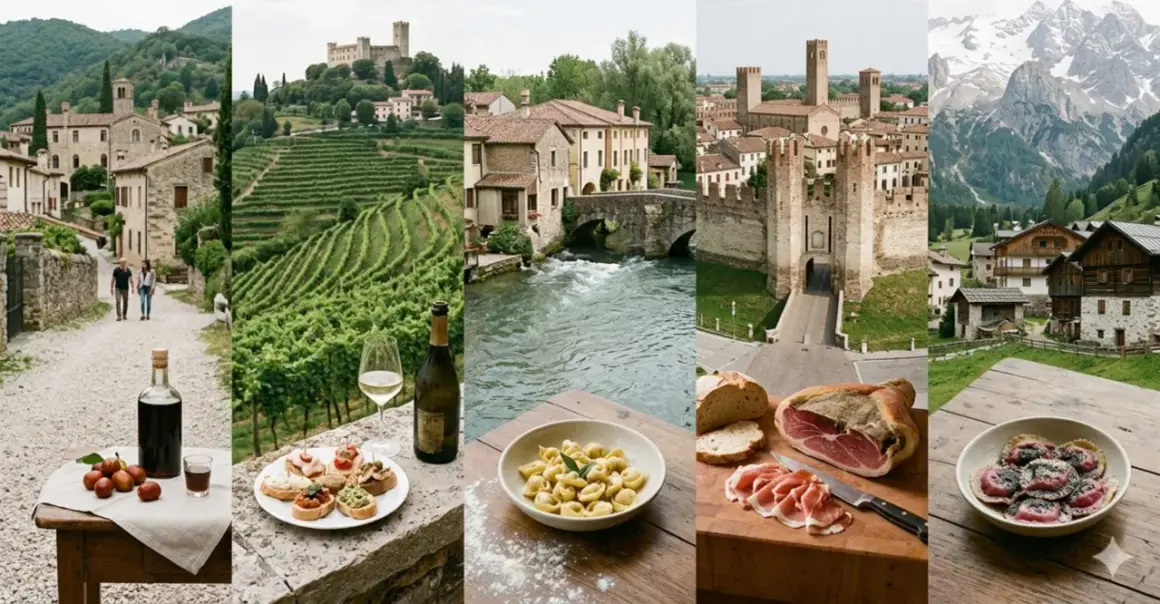 Un viaggio tra borghi, vigneti e montagne del Veneto, con assaggi di cibi tipici: tortellini, affettati, bruschette e ravioli.