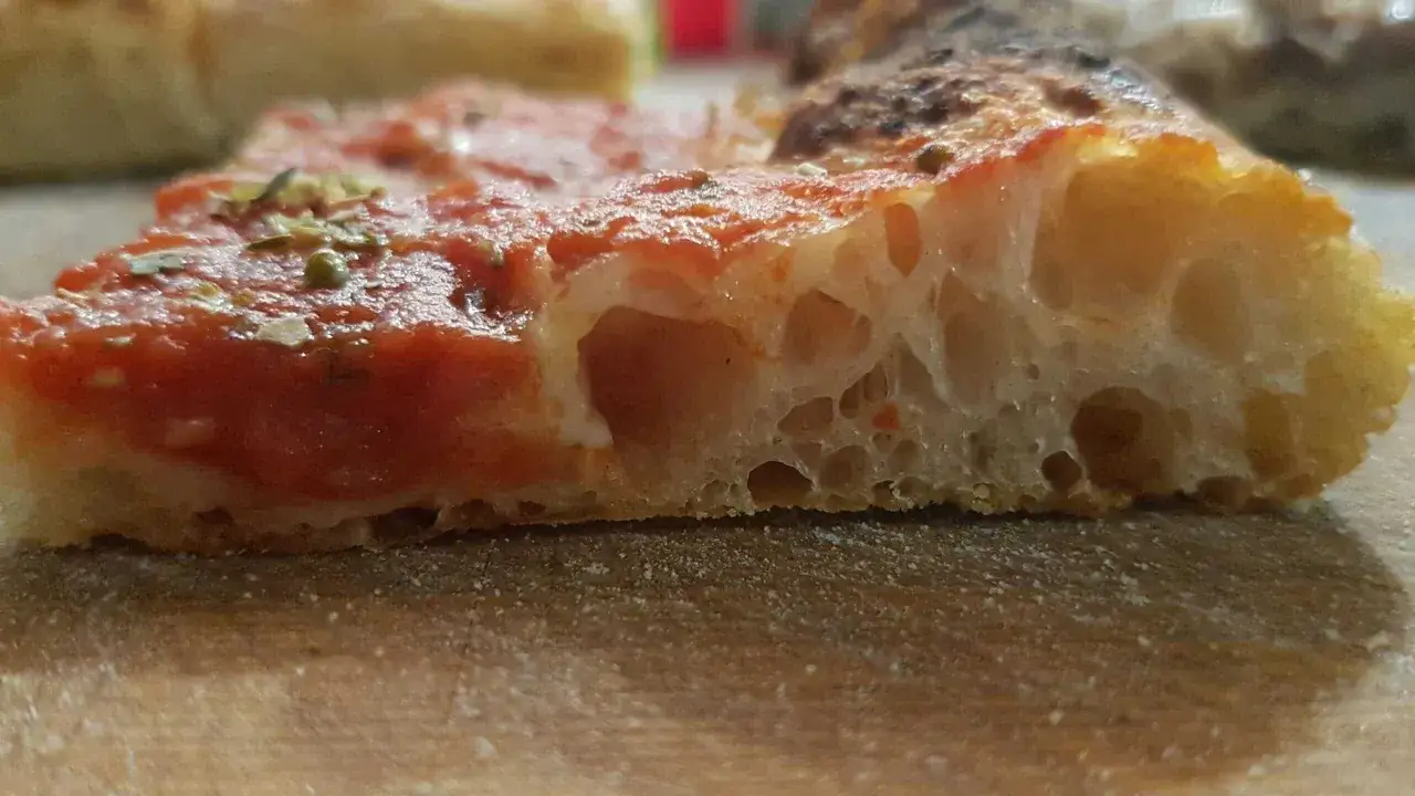Fetta di pizza con pomodoro e basilico, la crosta mostra la perfetta alveolatura dell'impasto pizza lievitazione 8 ore.