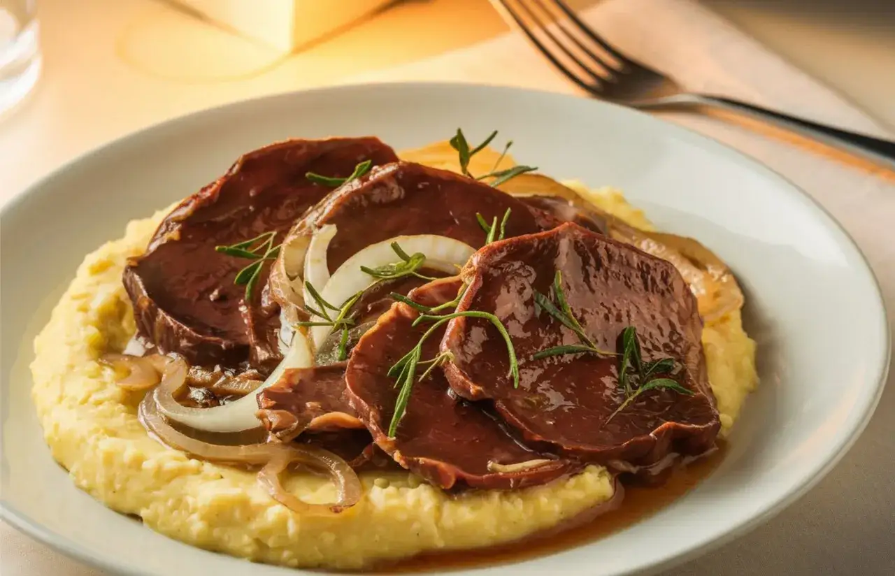 Fette di manzo in umido su polenta cremosa, un classico tra i cibi tipici del Veneto, guarnito con cipolle caramellate e rosmarino.